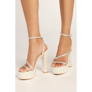 Lulus Sinia Ivory Satin Rhinestone Platform High Heel Sandals White - Size 8